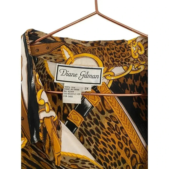 Diane Gilman Brown & Cream 100% Silk Long Sleeves Button Down Shirt Size 2X - Picture 4 of 4